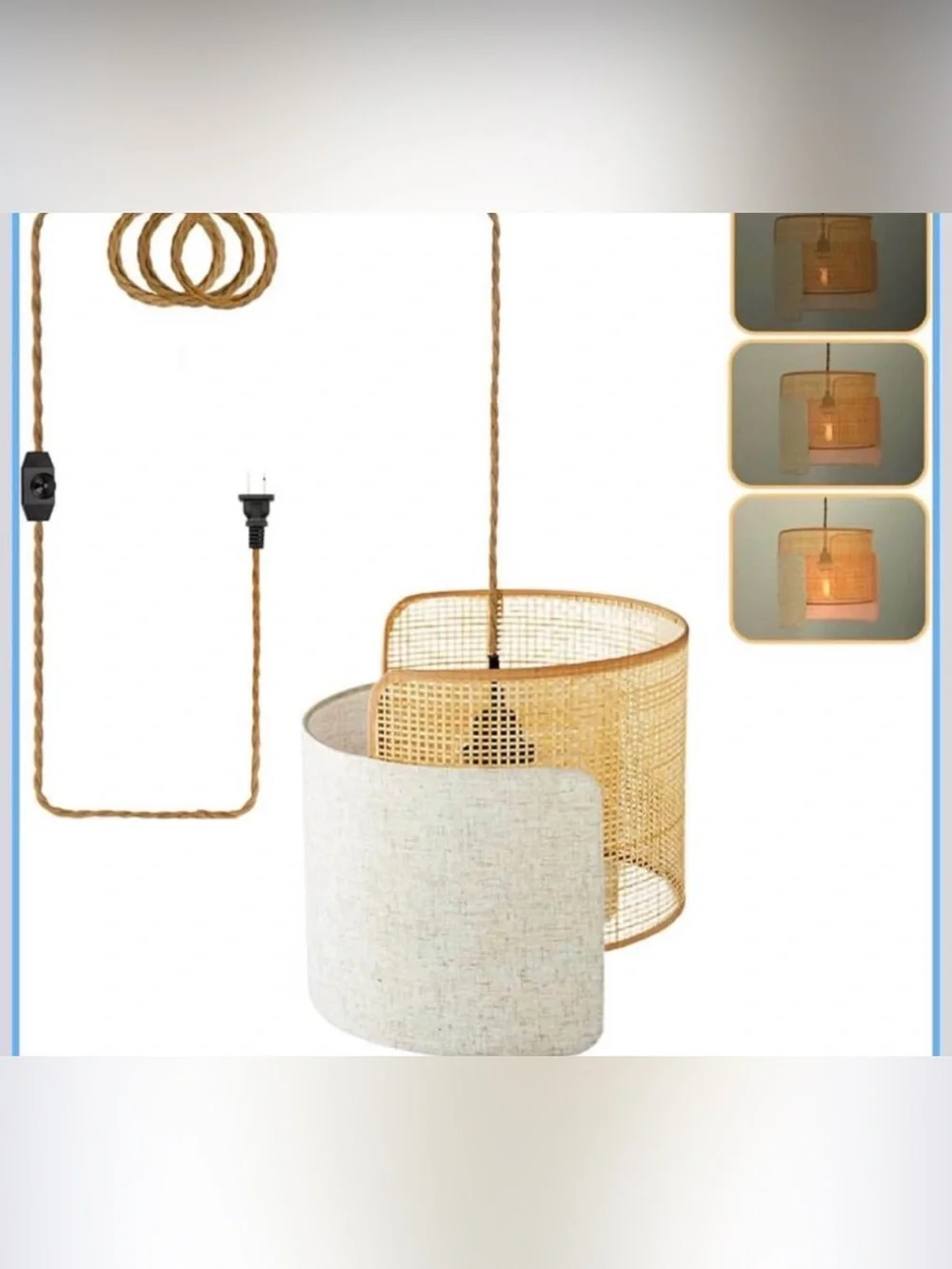 NWT Dimmable Boho Chandelier with Bamboo Woven & Linen Fabric Shade, 11.2ft Plug